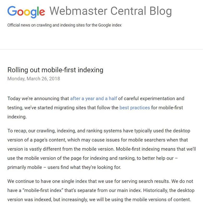 Blogartikel zur Einführung des mobile-first indexing