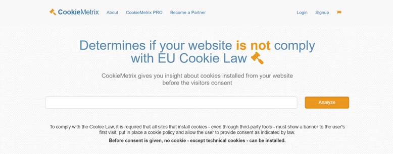 Benutzeroberfläche des cookie website tests von Cookiemetrix
