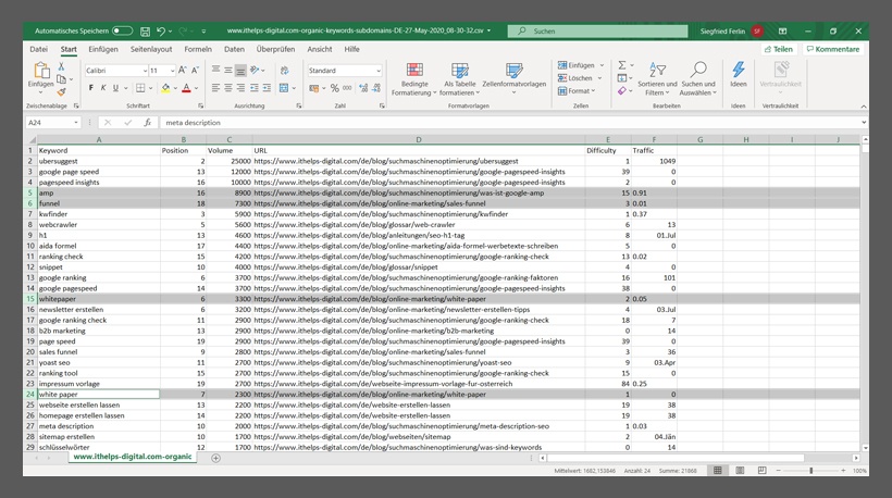 Erweiterte Excel-Tabellenansicht mit einer detaillierten Keyword-Analyse