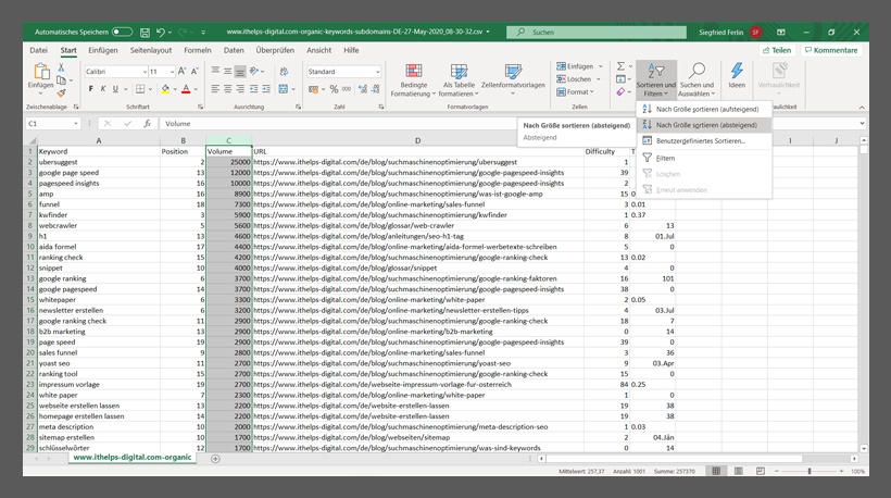 Eine Nahaufnahme eines Excel-Arbeitsblatts mit einer detaillierten Keyword-Analyse