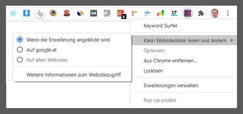 Dropdown-Menü der 'Keyword Surfer' Erweiterung in einem Browser.