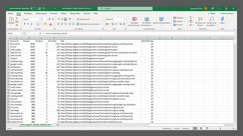 Excel-Tabelle mit einer detaillierten SEO-Keyword-Analyse