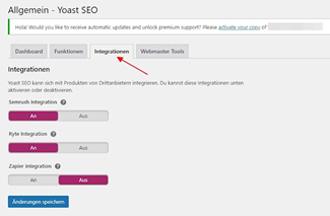 Yoast Dashboard mit Menüpunkt Integration