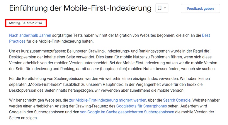 screenshot der verlautbarung von mobile first indexierung