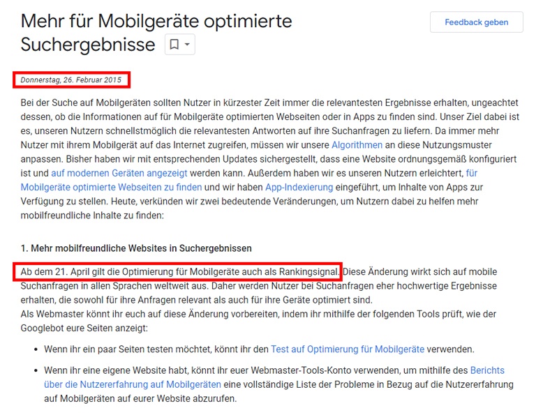 Screenshot der Google Verlautbarung zu Mobilegeddon