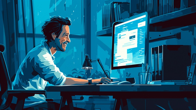 Mann sitzt lächelnd vor seinem PC und freut sich über seinen Helpful Content
