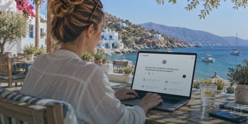 Illustration: Frau sucht nach Urlaubsziel im ChatGPT-Modus