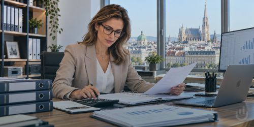 Illustration: Frau im Business-Outfit arbeitet vor einem Laptop